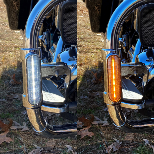 PartzBiz HD: -Custom Dynamics Chrome LED Amber White Engine Guard Lights 14-Up Harley Touring best new turn signal running light upgrade replacement custom chopper bagger motorcycle