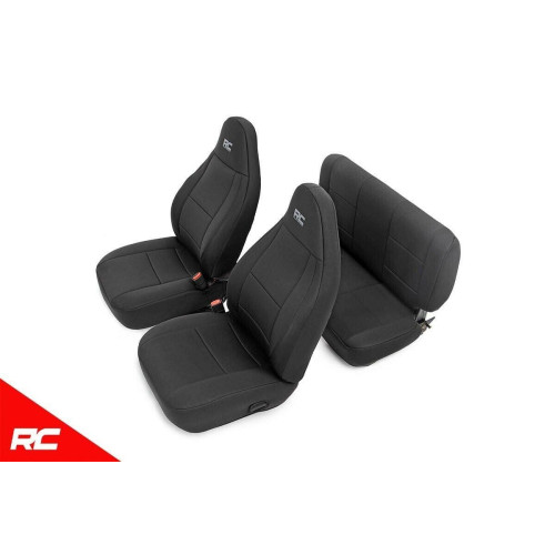 PartzBiz HD: 4425268-หยาบประเทศ 91001 สีดำ Neoprene ที่นั่งสำหรับ 2003-2006 JEEP Wrangler TJ LJ 2 ประตู 4WD Offroad สีดำ Sahara Unlimited Mountain Rubicon กีฬาอุปกรณ์ตกแต่งภายใน