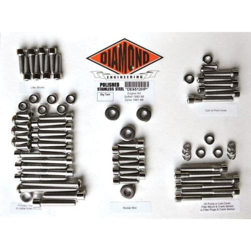 PartzBiz HD: 4421864-Diamond OEM Polished Stainless Steel Engine Bolt Kit Softail & Dyna EVO 91-99 | DE6512HP PartzBiz HD: 4421864-Diamond OEM Polished Stainless Steel Engine Bolt Kit Softail & Dyna EVO 91-99 | DE6512HP