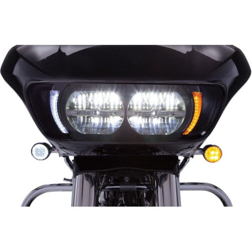 PartzBiz HD: 4421014-Ciro สีดำ LED ไฟหน้า Fang Bezels พร้อมสัญญาณไฟเลี้ยวสีเหลืองอำพัน Harley 15-20 FLTR