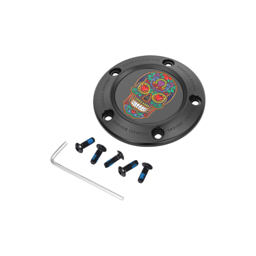 PartzBiz HD: 4415690-Figurati Designs Black W/Sugar Skull Timing Cover สำหรับ Harley 99-17 Twin Cam | FD30-TC-5H-BLK PartzBiz HD: 4415690-Figurati Designs Black W/Sugar Skull Timing Cover สำหรับ Harley 99-17 Twin Cam | FD30-TC-5H-BLK