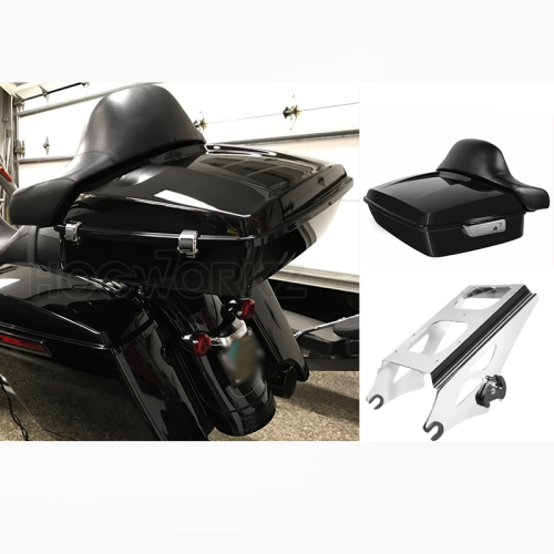 PartzBiz HD: 4414595-Hogworkz Vivid Black Chrome Hardware Chopped TourPak w/ Full Backrest & Mount