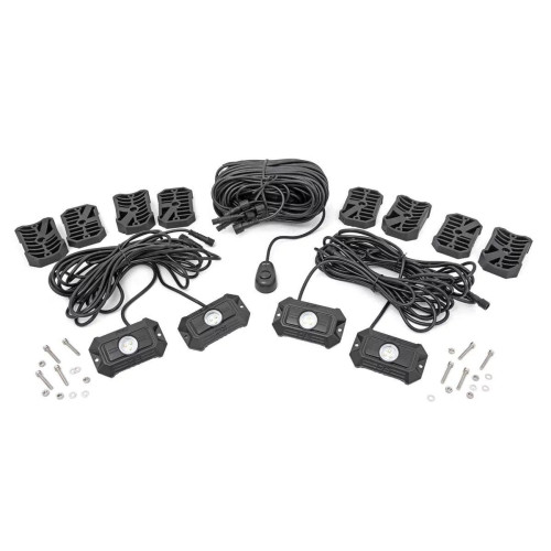 PartzBiz HD: 4404576-Rough Country 70980 LED Rock Lights Inner Fender Wheel Well Pods Kit (Flood) Jeep wrangler cj yj tj jk jl gladiator jt grand cherokee xj zj wj wk wk2 offroad toyota tacoma bright white bar pods w/ wiring aux beam